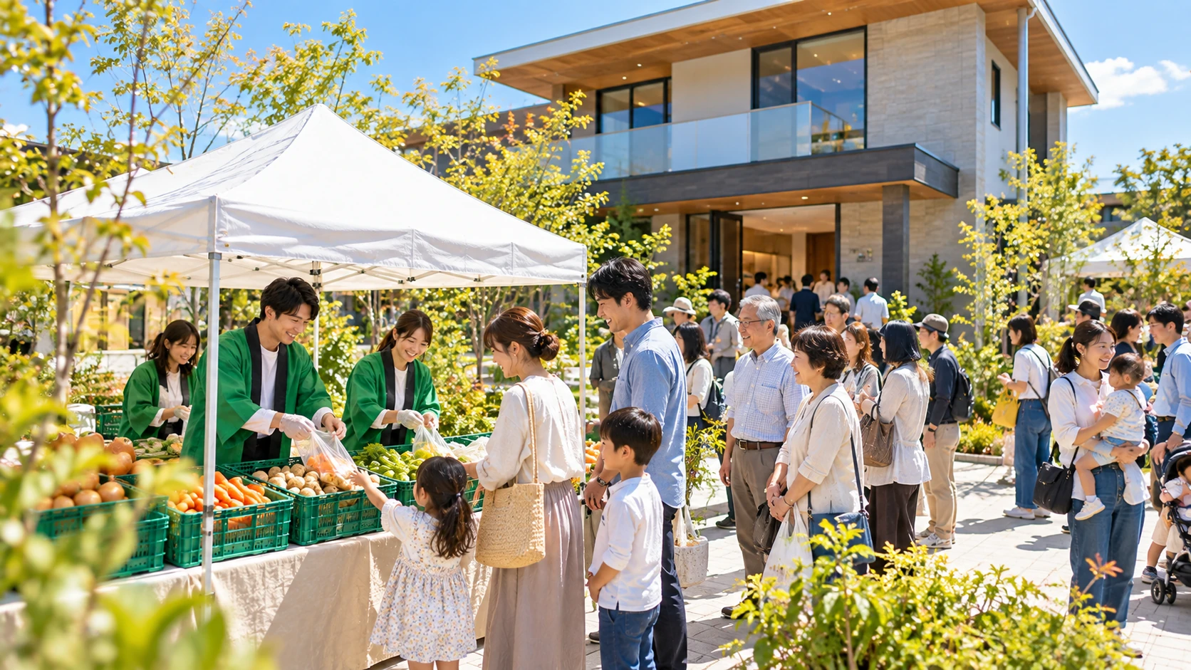 モデルハウス前の販促イベントに集まる来場者