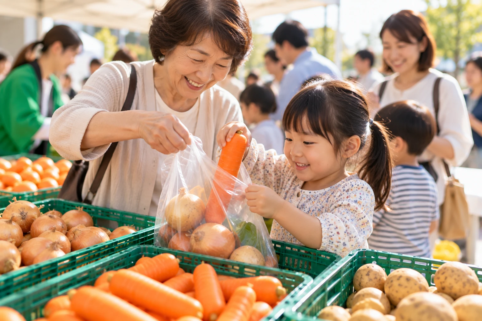 野菜詰め放題を楽しむ祖母とお孫さん