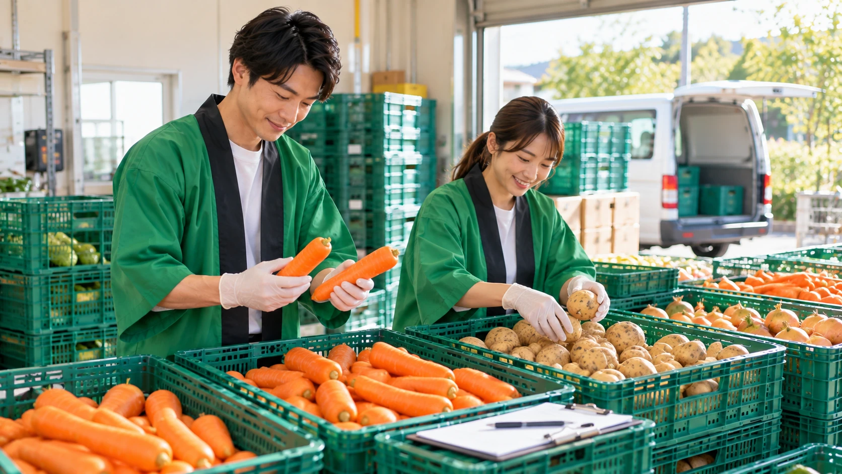 緑のコンテナに入った新鮮な野菜を確認するスタッフ