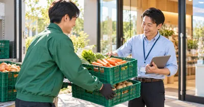 イベント運営の丸投げ・一括依頼イメージ：店舗の入口で新鮮な野菜のコンテナを受け取る担当者