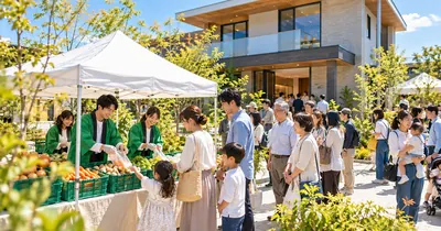モデルハウス前の販促イベントに集まる来場者
