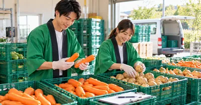 緑のコンテナに入った新鮮な野菜を確認するスタッフ
